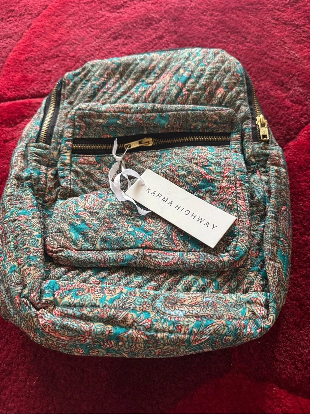 Karma Highway Teal Paisley Quilted Backpack